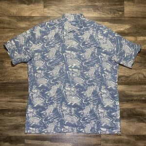 VTG 90s Polo Ralph Lauren Koi Fish Linen Blend Shirt Men's XLT Blue Loop Collar